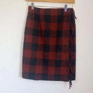 Vintage Breeches Buffalo Plaid Blanket Wrap Skirt Fringe Charcoal Gray/Rusty Red